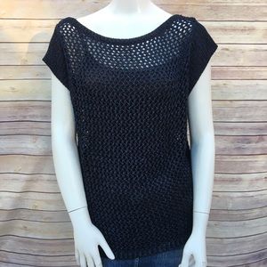 White House Black Market Blue Knit Fishnet Top